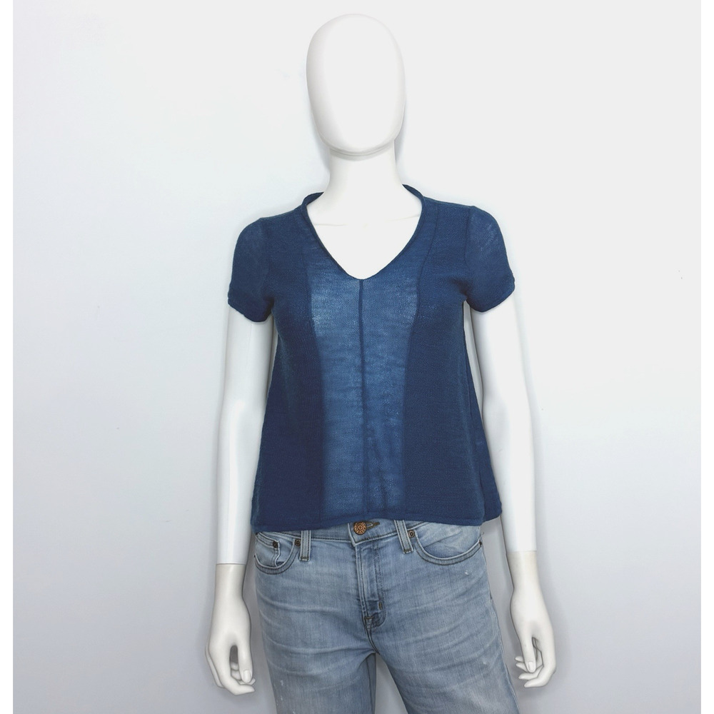 Eileen Fisher Womens T Shirt Petite Wool Teal V Neck Short Sleeve
